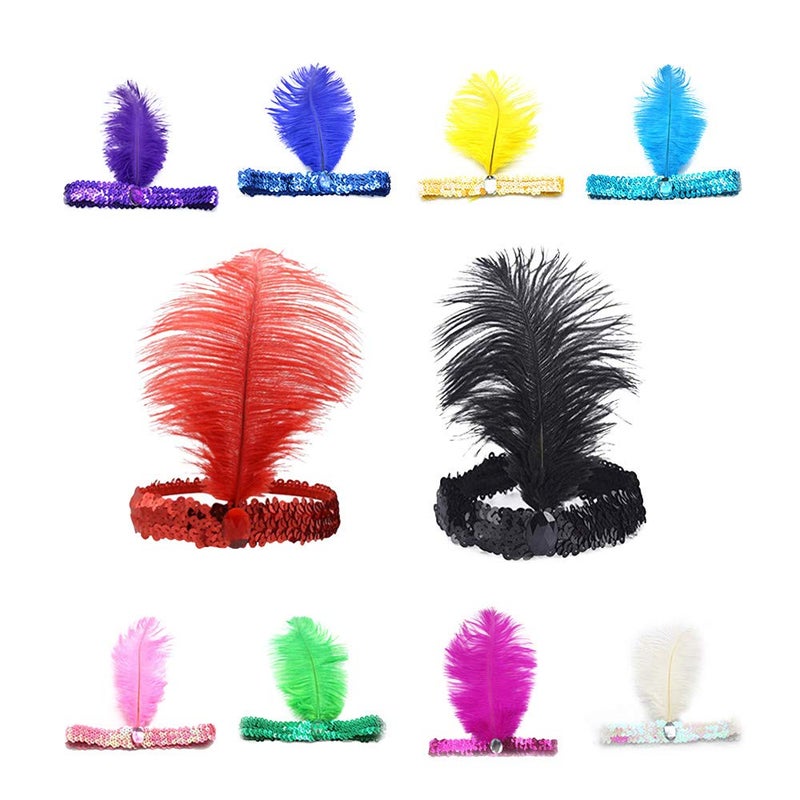 CYIWHI 1920s Flapper Headpiece Sequins Feather Headpiece Women Vintage Rhinestones 1920s Carnival Party Accessory 10pcs (Multi-color) - Image 1